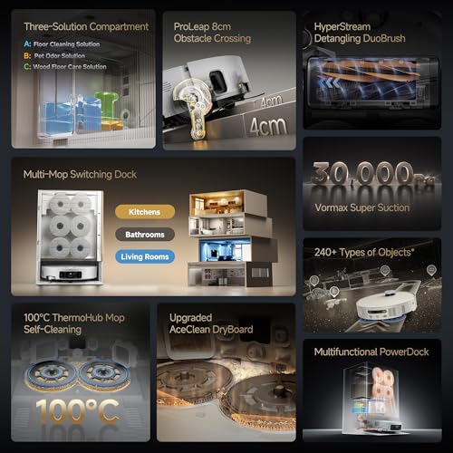 Robot Vacuum and Mop with Multi-Mop System, Up to 30,000Pa Suction, Obstacle Avoidance, Auto Empty & Mop Washing