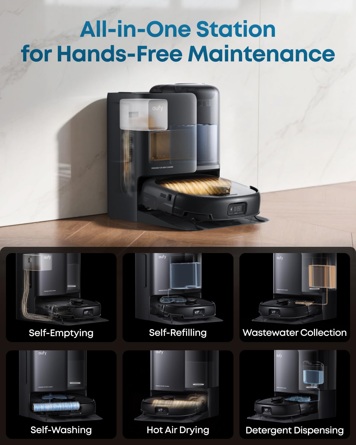 E25 Robot Vacuum & Mop with All-in-One Station, 20000Pa, HydroJet Mop System, Auto Mop Lift, Self-Empty/Wash/Dry, Black (T2353)