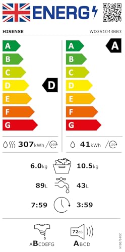 WD3S1043BB3 Washer Dryer, 10.5kg Wash, 6kg Dry, 1400rpm, Wi-Fi, Black