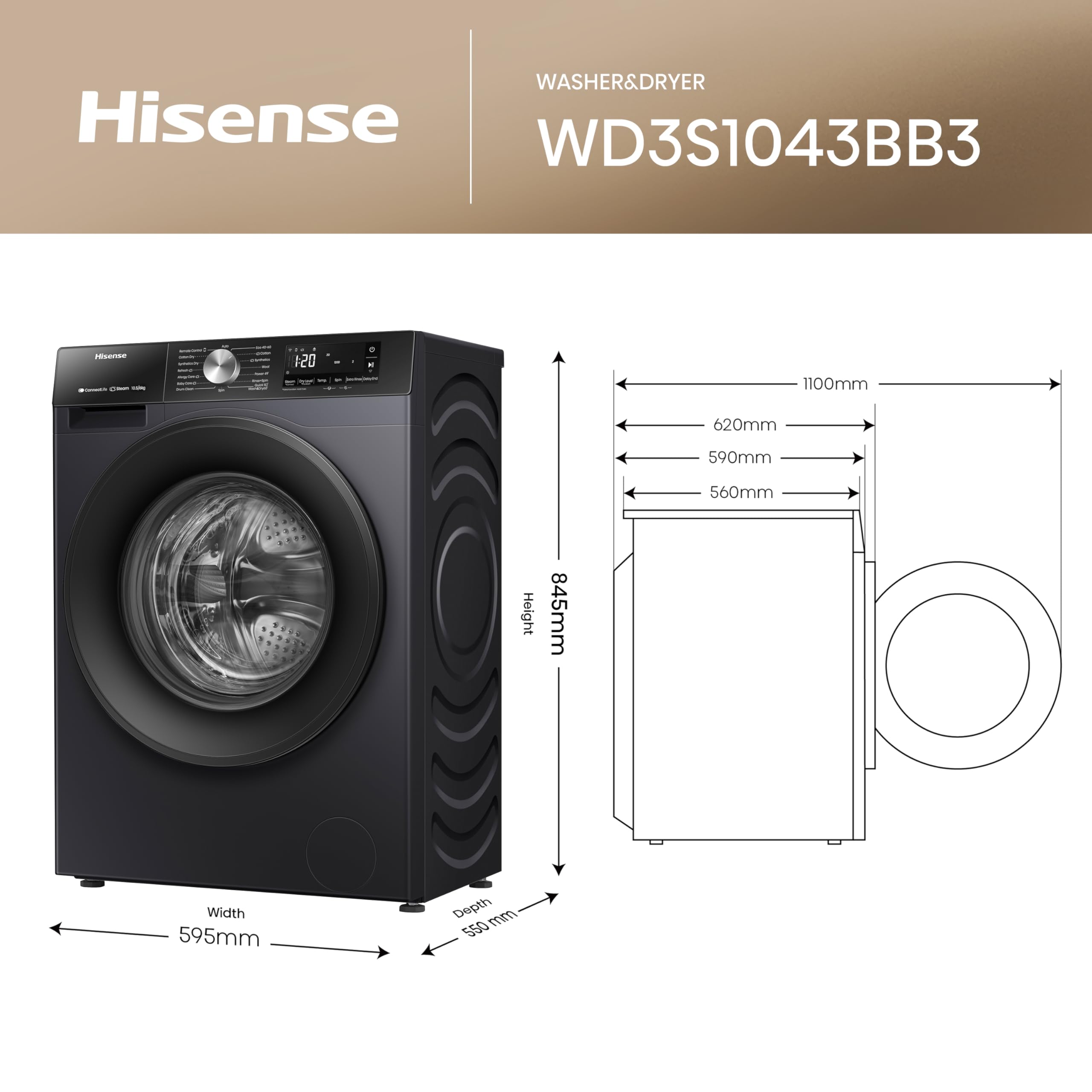 WD3S1043BB3 Washer Dryer, 10.5kg Wash, 6kg Dry, 1400rpm, Wi-Fi, Black