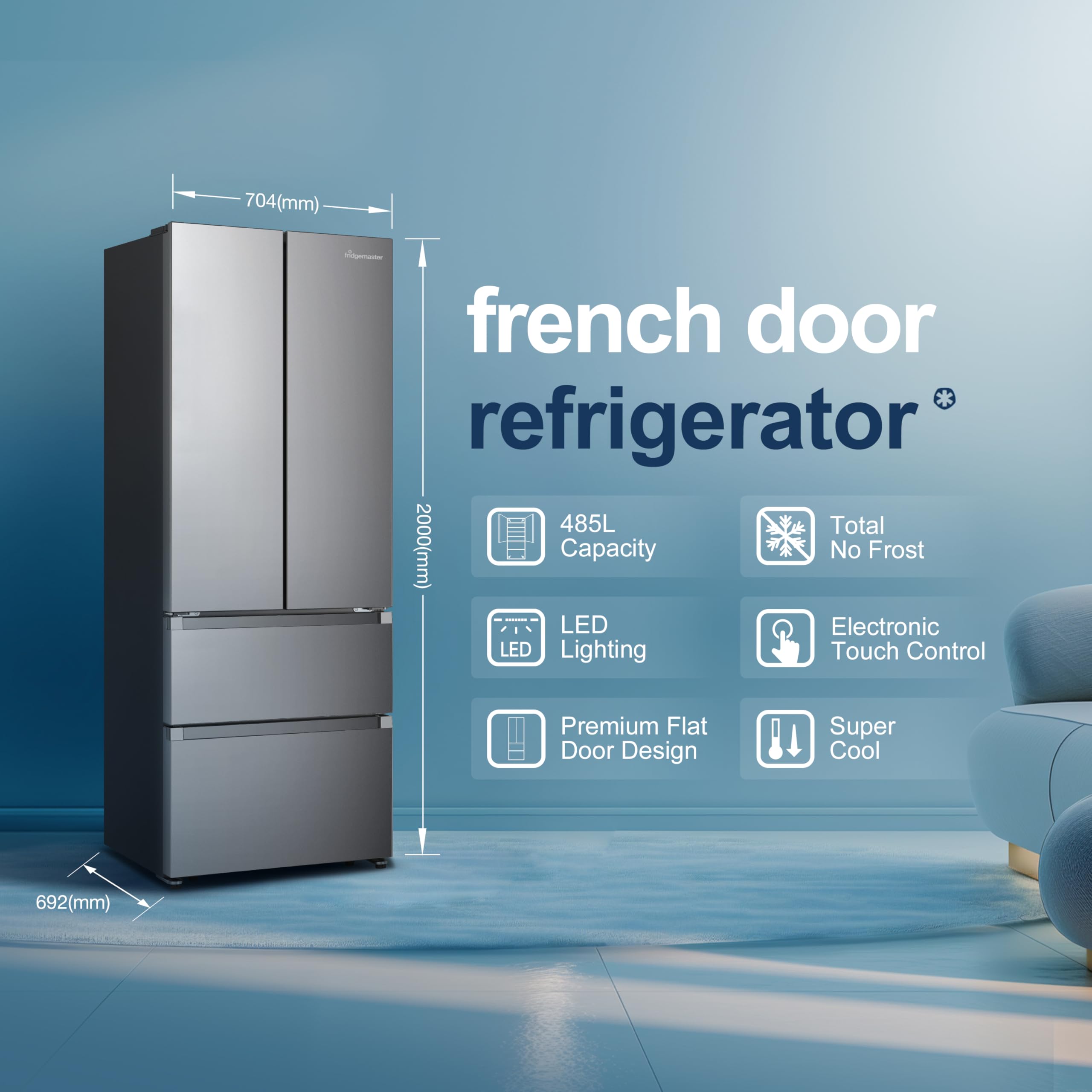 French Door Fridge Freezer, 485L Capacity, Total No Frost, Silver, 70cm Wide