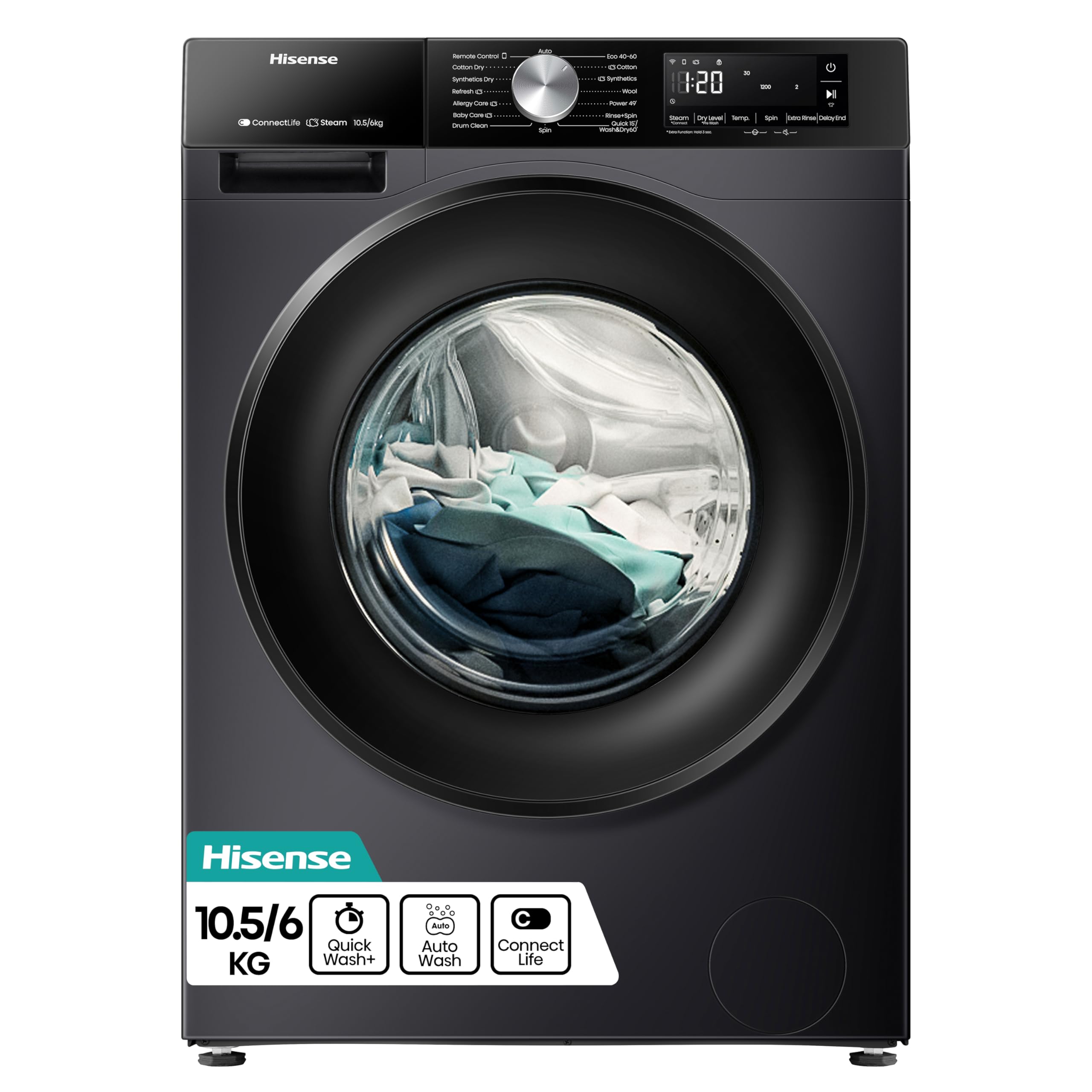 WD3S1043BB3 Washer Dryer, 10.5kg Wash, 6kg Dry, 1400rpm, Wi-Fi, Black