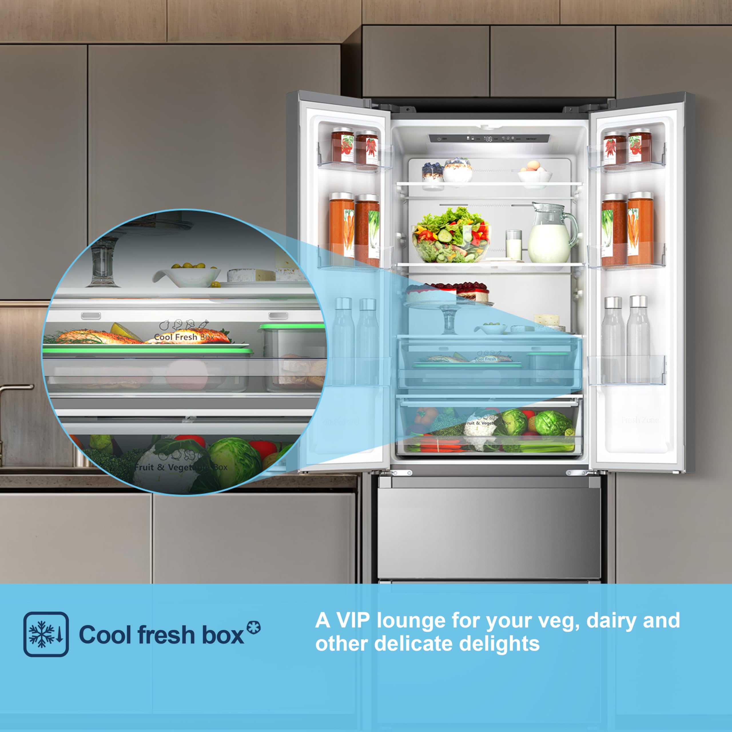 French Door Fridge Freezer, 485L Capacity, Total No Frost, Silver, 70cm Wide