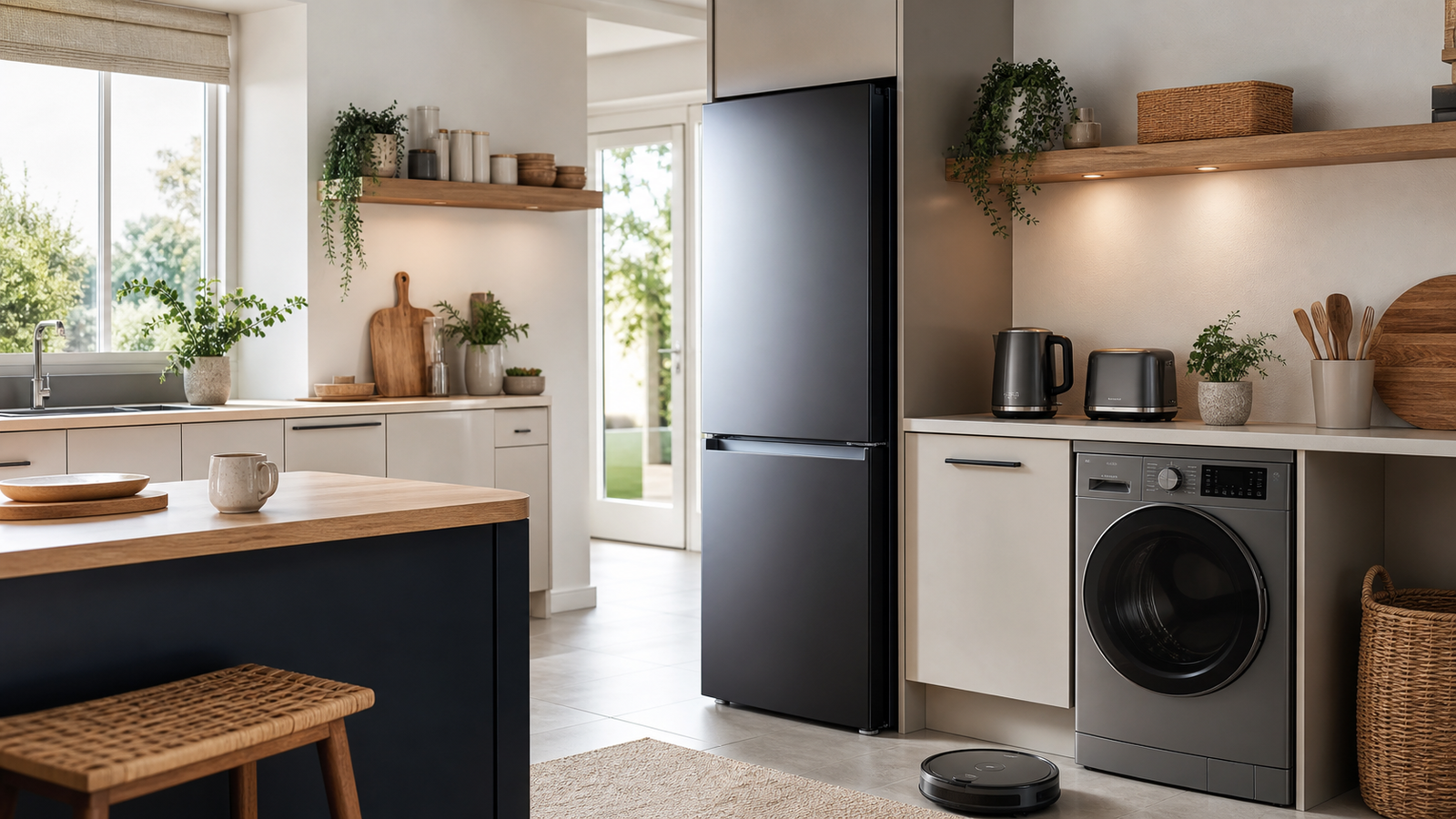 Modern home appliances arranged in a clean kitchen