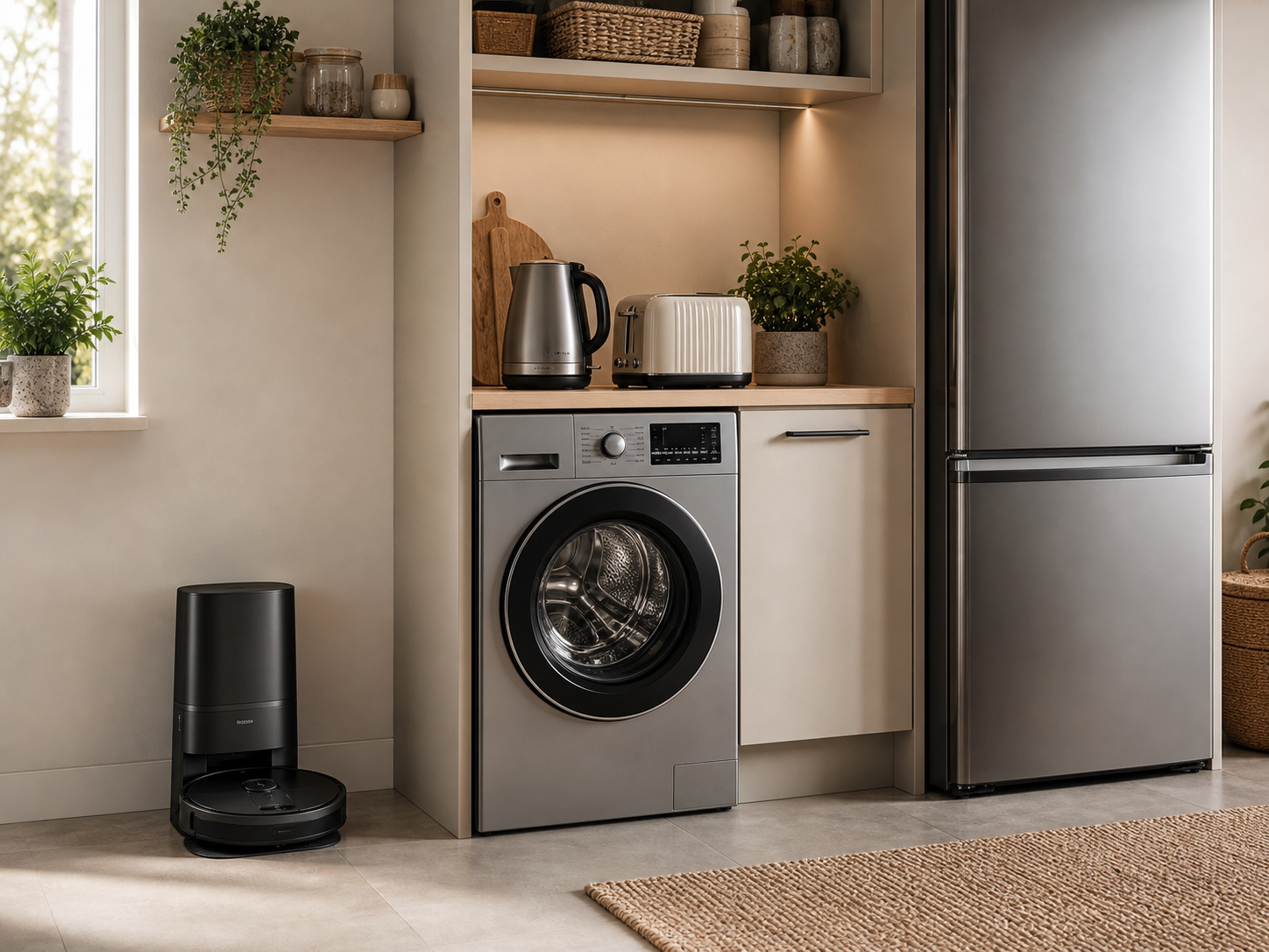 Home appliance setup in a modern utility and kitchen space